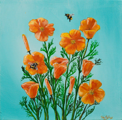 "Poppies and Flying Pandas" Limited Edition Art Print- 8"x8"